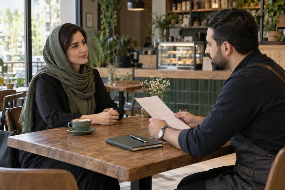 کارجوی زن و کارفرمای مرد در حال بررسی رزومه در کافه