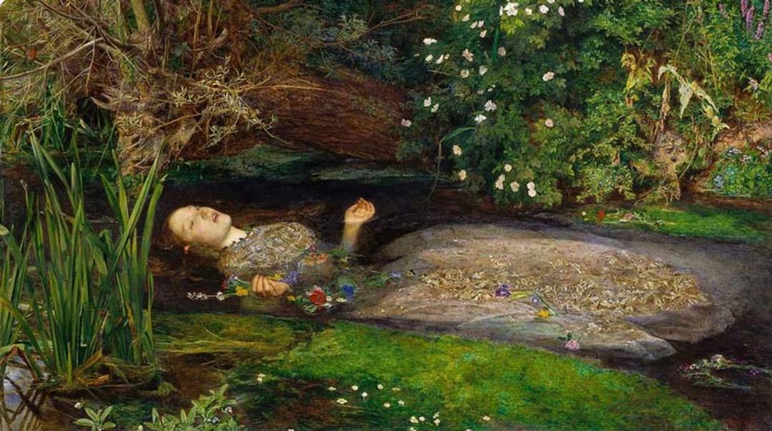 نقاشی زنی با لباس نقره‌ای گلدوزی شده، شناور در میان آب و انبوه گیاهان