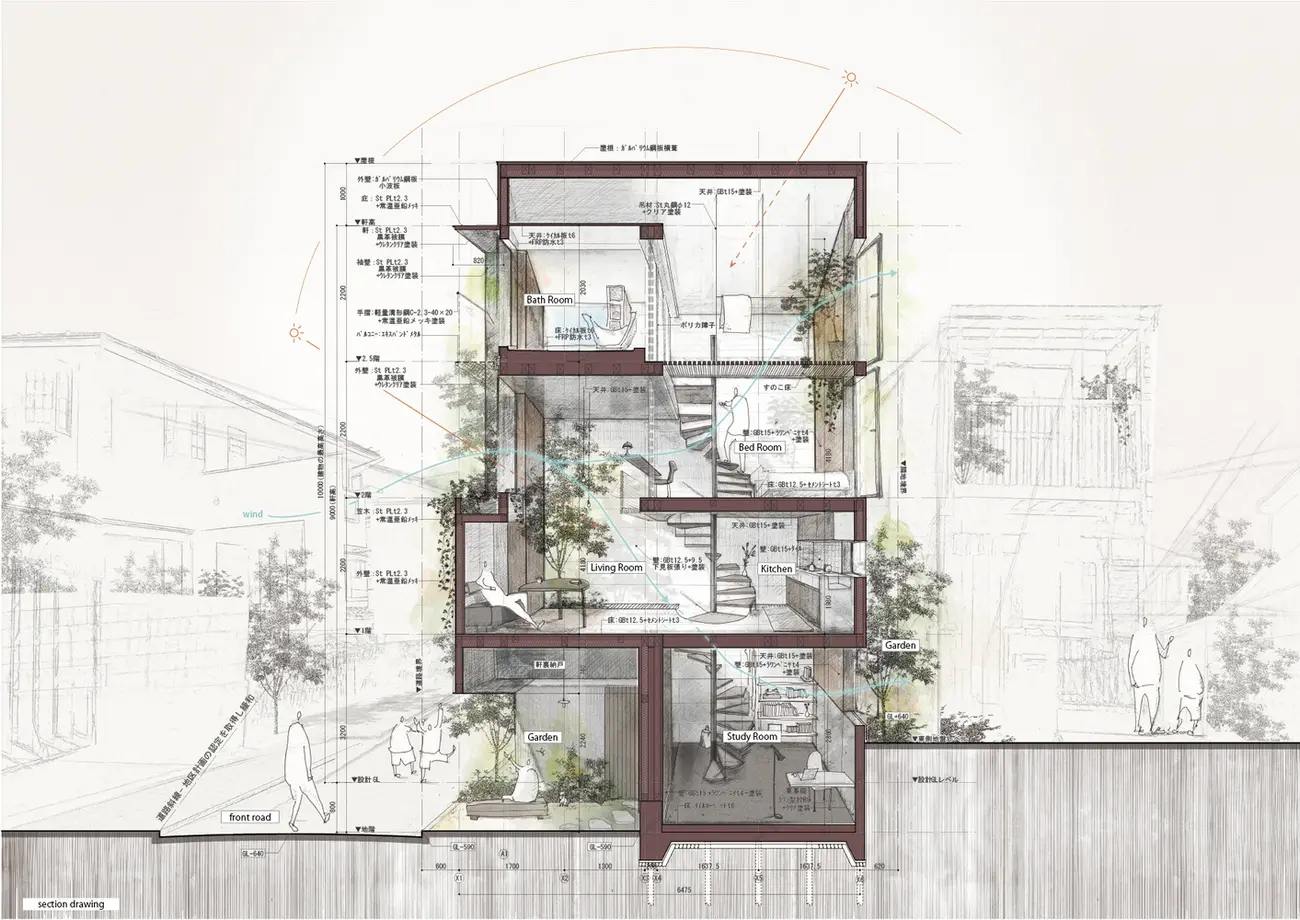 نمای برش معماری (Section Drawing) از یک خانه ۶۰ متری در محله کاگورازاکا توکیو