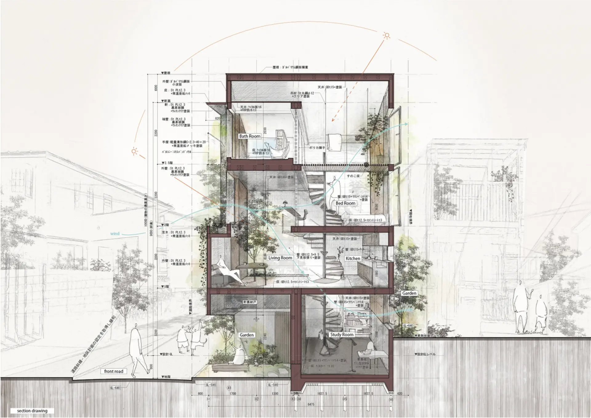 نمای برش معماری (Section Drawing) از یک خانه ۶۰ متری در محله کاگورازاکا توکیو