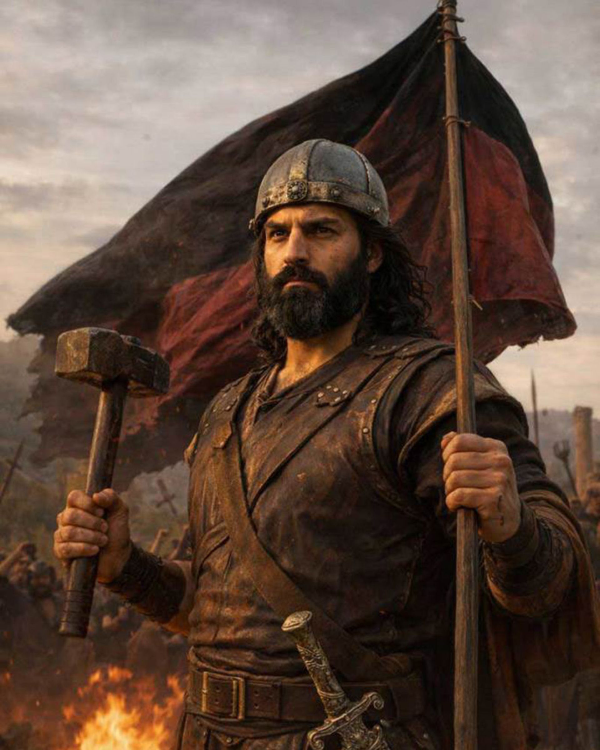 کاوه آهنگر با درفش و چکش آهنگری در دست