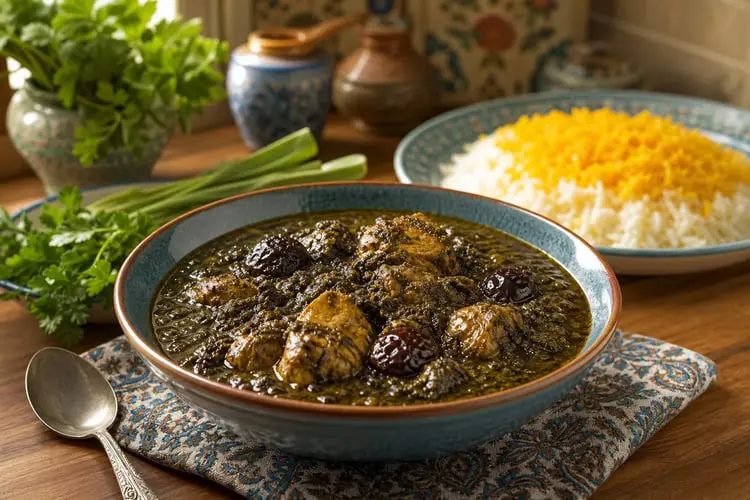 خورش آلو اسفناج با تکه‌های گوشت و آلو در ظرف آبی