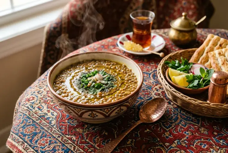 عدسی پخته شده در یک کاسه سفالی با تزیین سبزیجات تازه