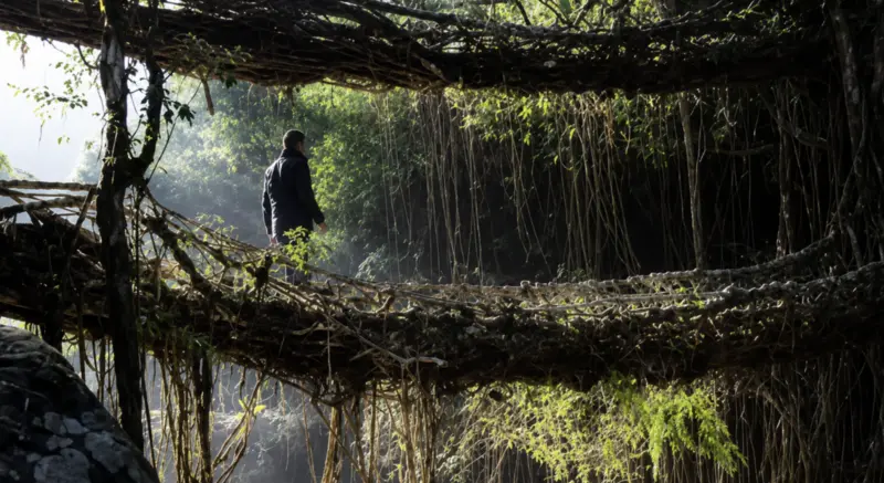 پل زنده (Living Root Bridge) ساخته شده از ریشه‌های متداخل درختان در جنگل