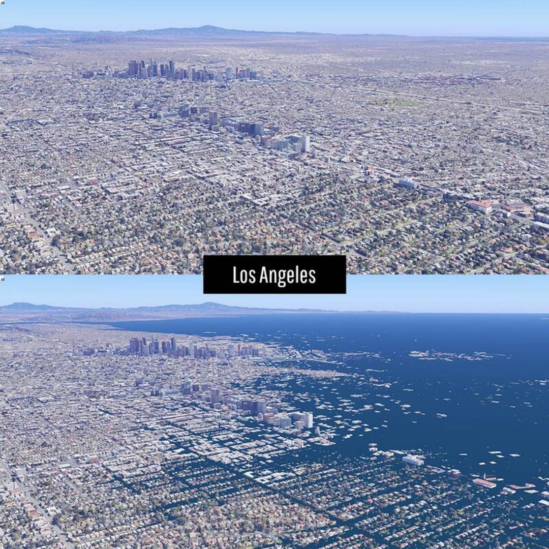 نمای هوایی از شهر لس‌آنجلس (Los Angeles) در دو حالت عادی و غرق در آب