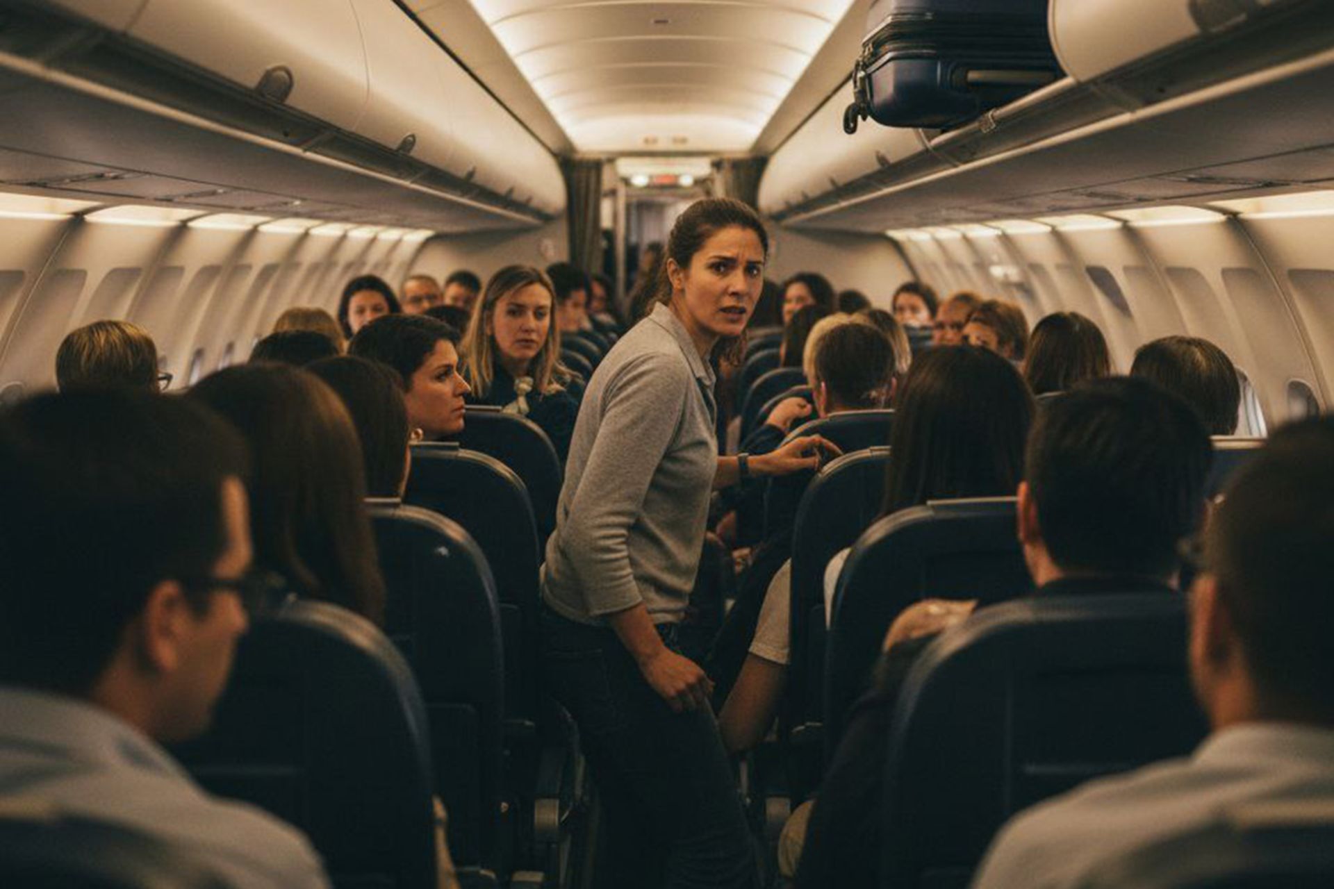 زنی با پلیور خاکستری که در میان راهروی شلوغ هواپیما ایستاده