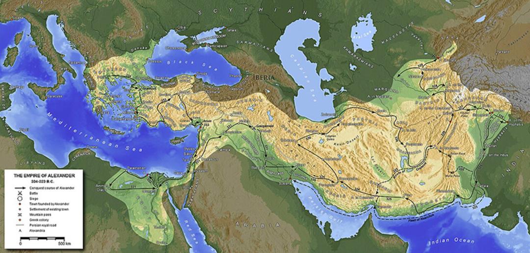نقشه گستردگی قلمرو تصرفات اسکندر مقدونی