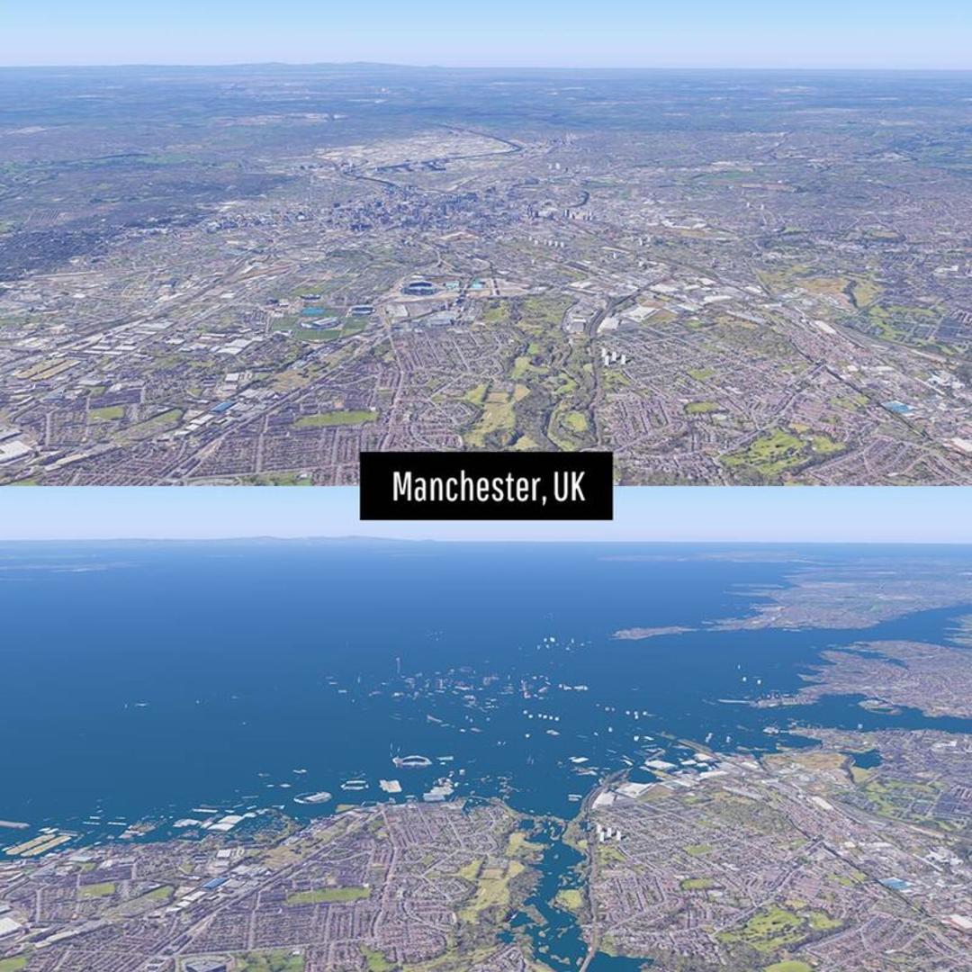 نمای هوایی شهر منچستر (Manchester) در بریتانیا تحت تاثیر بالا آمدن سطح آب دریاها