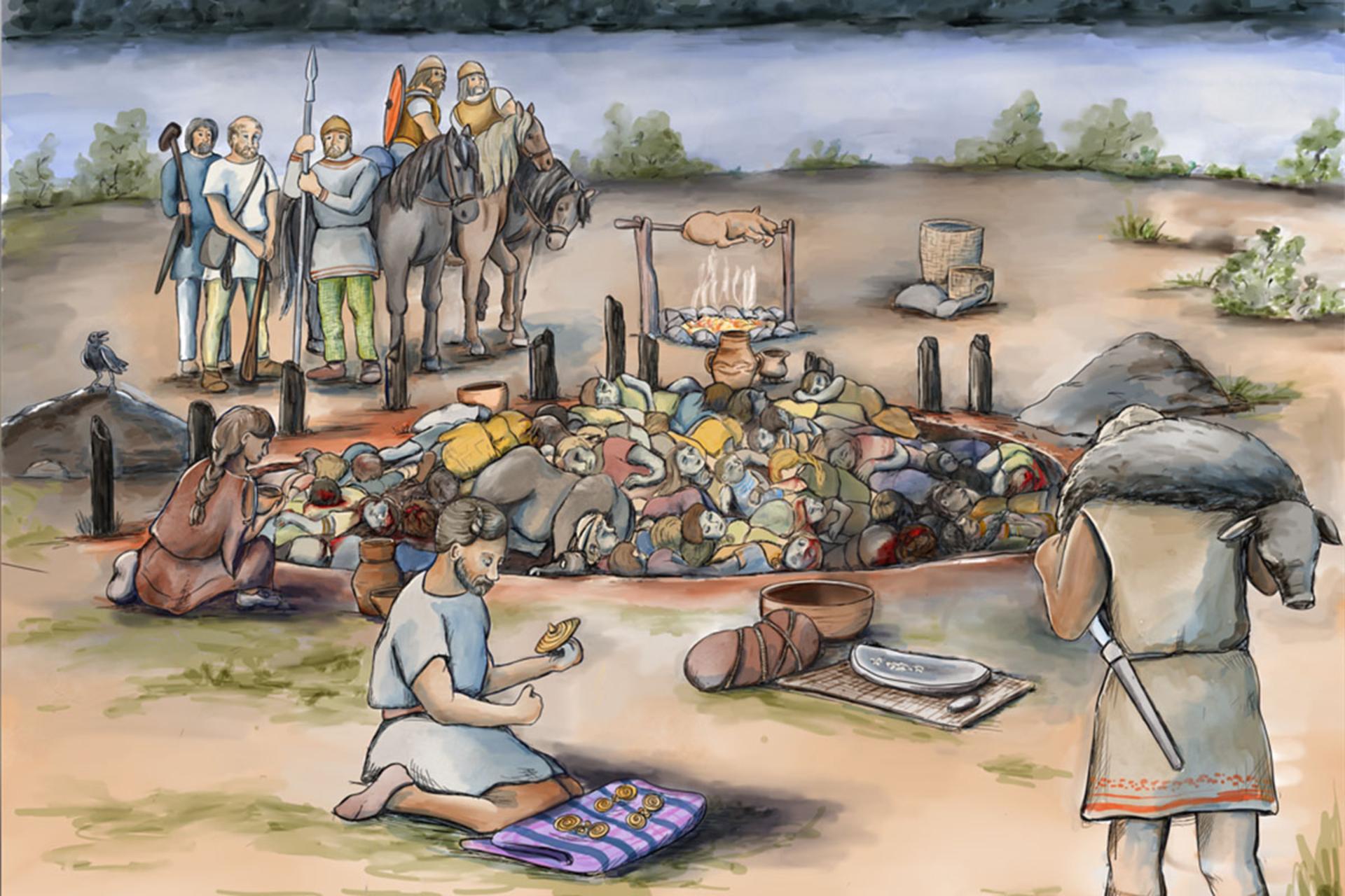 نقاشی گودالی دایره‌ای شکل مملو از اجساد زنان و کودکان که توسط مردان مسلح و اسب‌سوار احاطه شده است