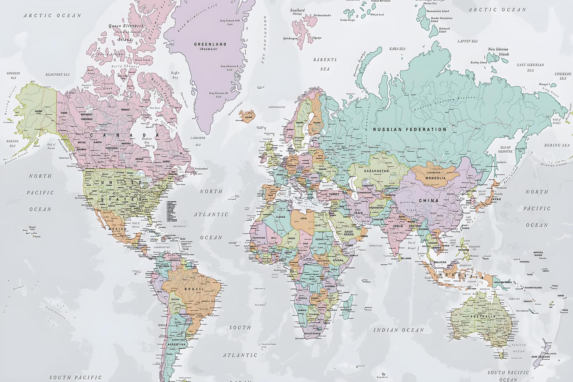 نقشه جهان با تصویرسازی از مدل تصویرسازی مرکاتور (Mercator projection)