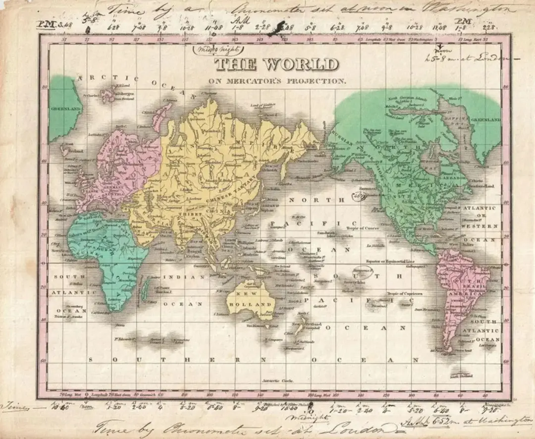 نقشه جهان بر اساس تصویر مرکاتور (Mercator Projection) با رنگ‌های متمایز قاره‌ها