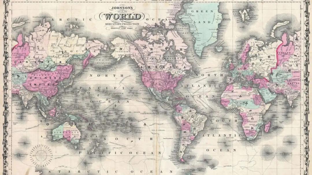 نقشه جهان با نمایش تصویر مرکاتور (Mercator Projection) و تقسیمات سیاسی قدیمی