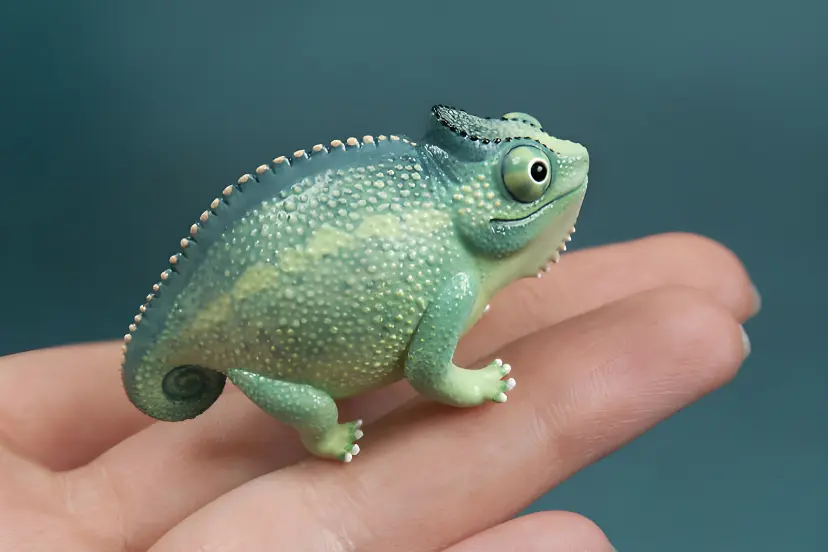 مجسمه مینیاتوری آفتاب‌پرست (Chameleon) سبز رنگ روی انگشت دست