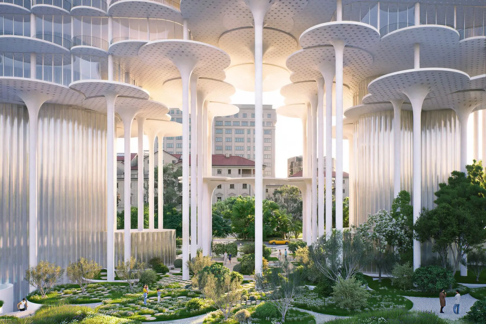 ساختمان مدرن با ستون‌های سفید بلند و سقف‌های دایره‌ای شبیه ابر