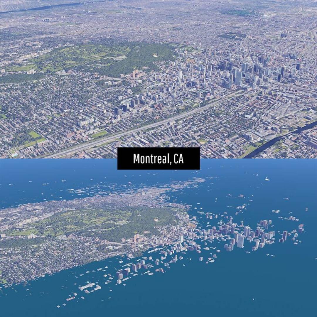 نمای هوایی مقایسه‌ای از شهر مونترال (Montreal) در حالت عادی و در صورت بالا آمدن سطح آب