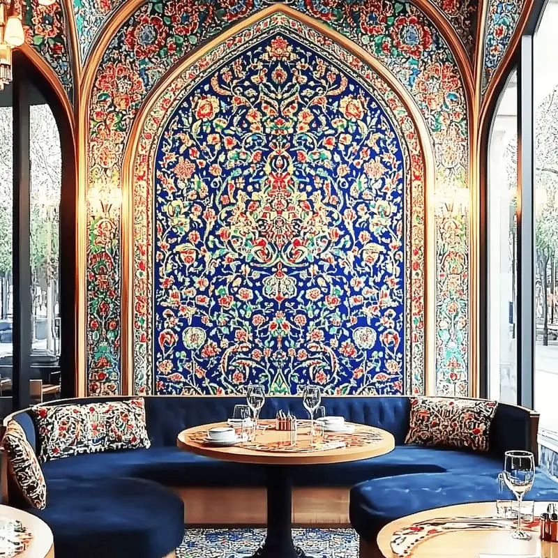 مبلمان آبی و کاشی های ایرانی در رستوران نور