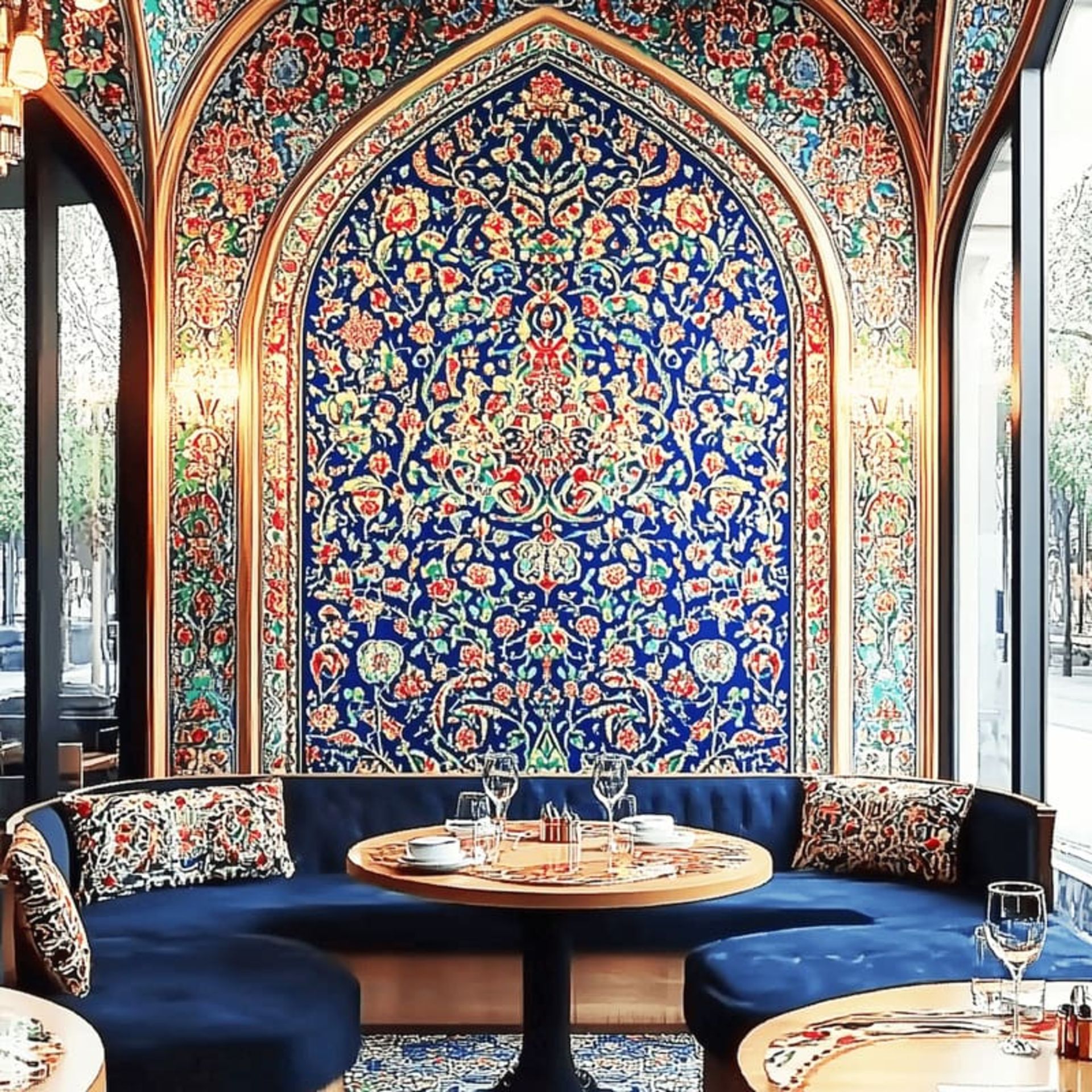 مبلمان آبی و کاشی های ایرانی در رستوران نور