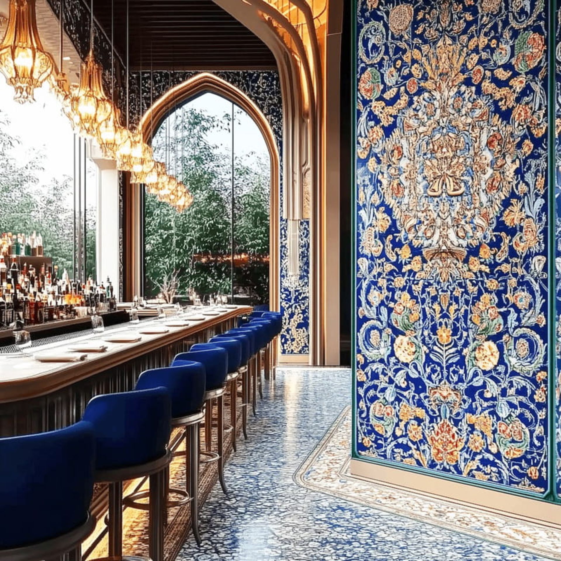 کاشی و صندلی های آبی لاجوردی در رستوران نور