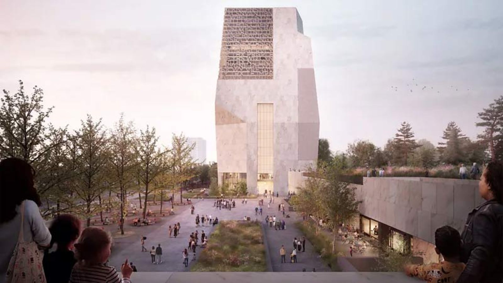 نمای شبیه‌سازی شده از برج سنگی و چندوجهی مرکز ریاست جمهوری اوباما با متون حکاکی شده