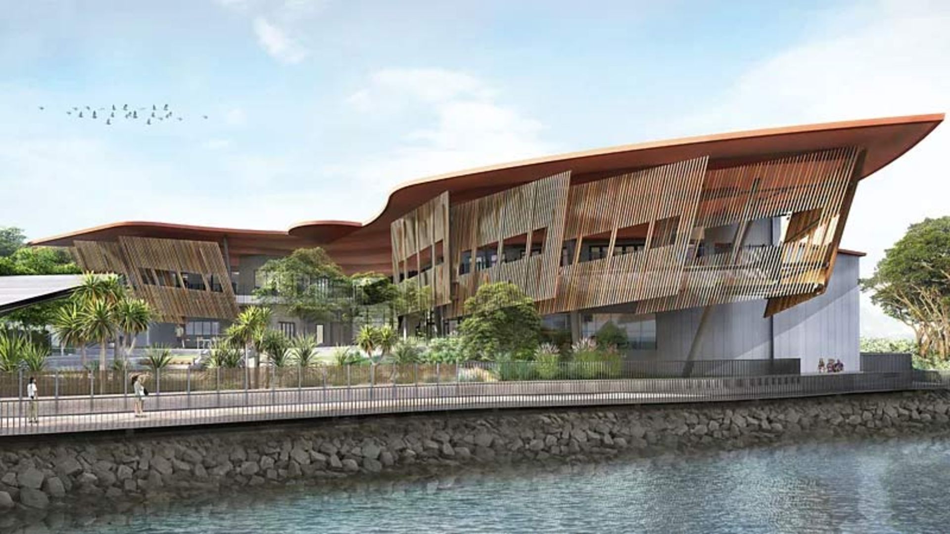 بنای مدرن مرکز فرهنگی لاراکیا با نمای چوبی کرکره‌ای و سقفی قهوه‌ای به شکل موج