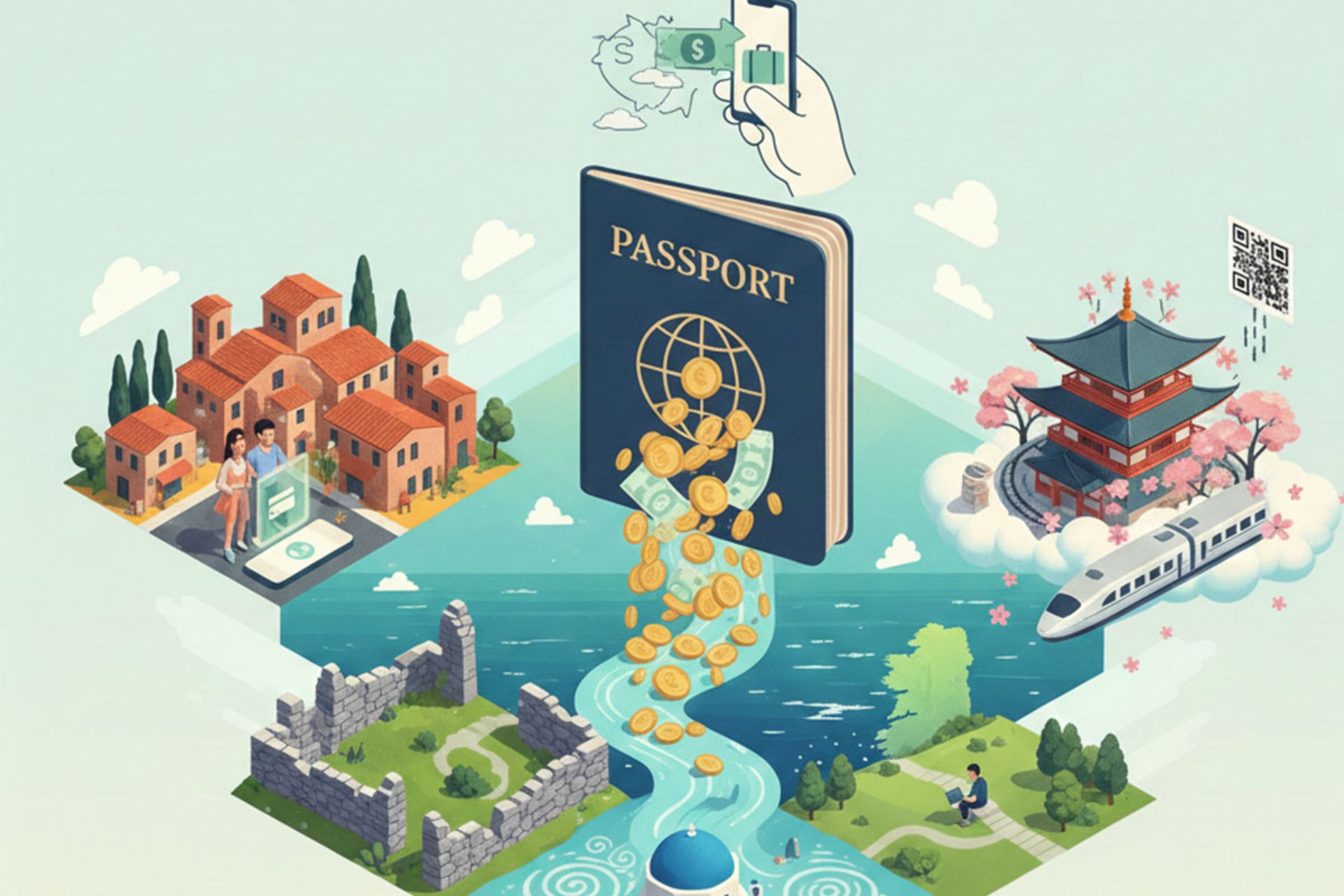 اینفوگرافیک سرازیر شدن سکه از پاسپورت به سمت نمادهای جهانی