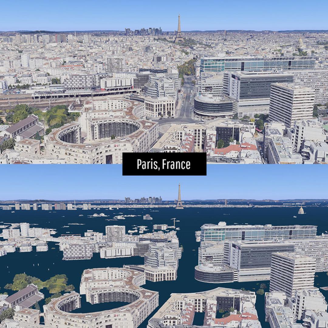 نمای هوایی شهر پاریس (Paris) در اثر ذوب شدن یخ‌های زمین و بالا آمدن سطح آب