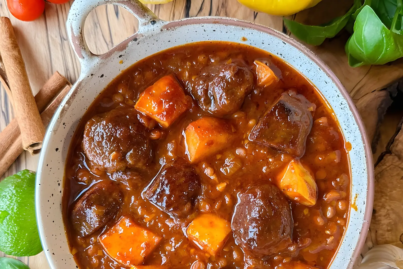 خورش به آلو شامل تکه‌های گوشت و آلو در سس غلیظ