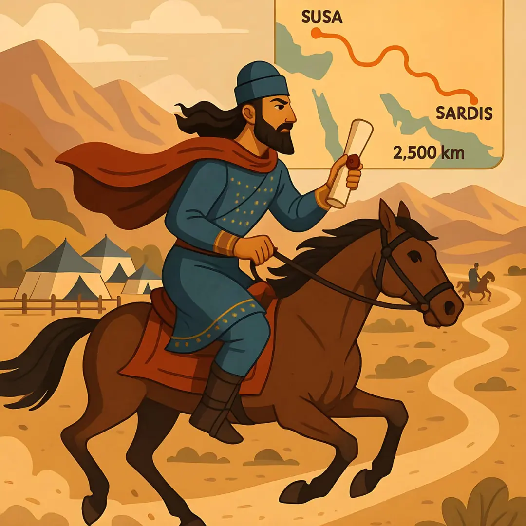 سوارکار هخامنشی (Achaemenid) در حال حرکت با اسب و حمل طومار پیام