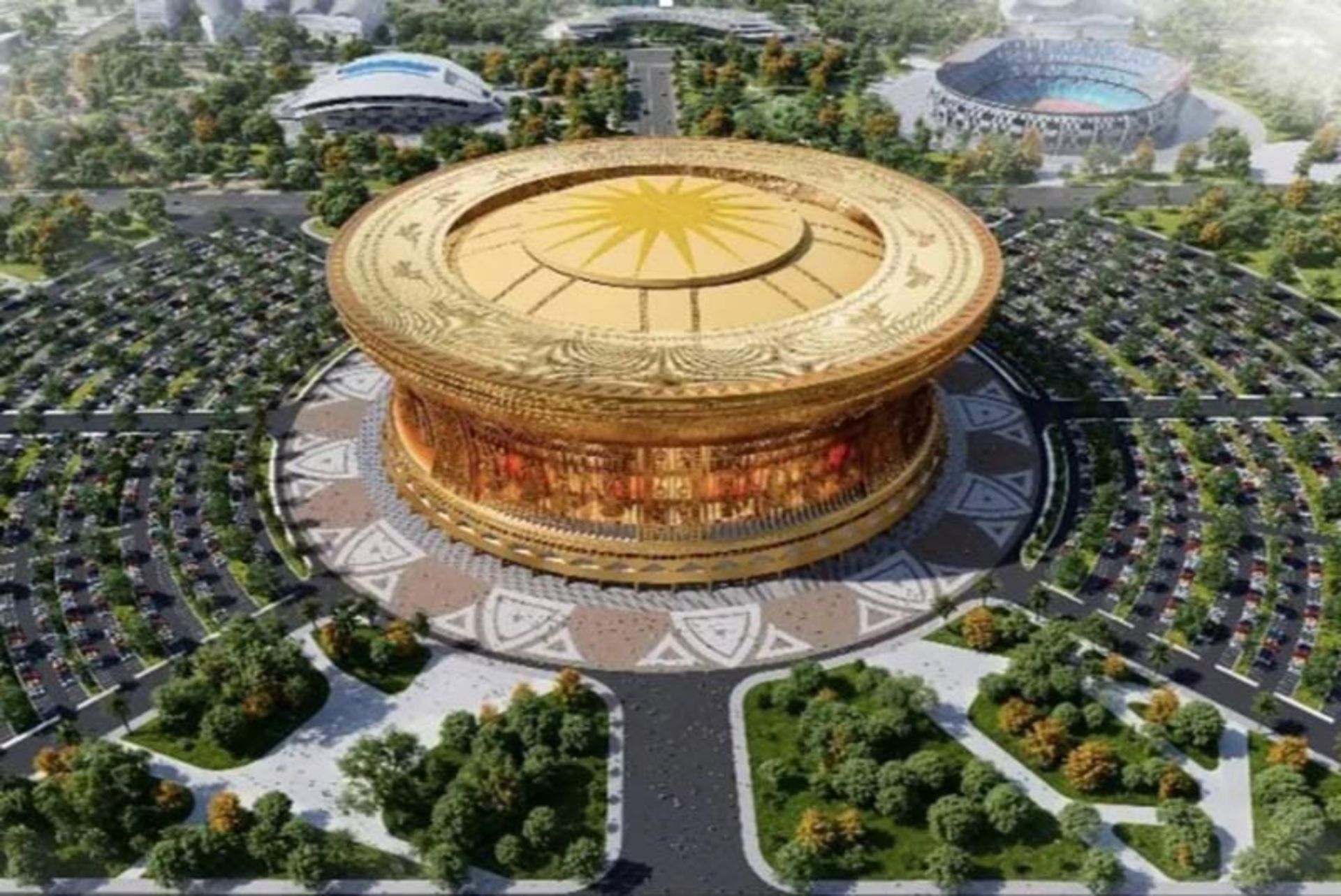 یک طرح سه‌بعدی از ورزشگاه عظیم «ترونگ دونگ» در ویتنام با معماری مدرن و دایره‌ای شکل که سقف متحرک آن نمایان است