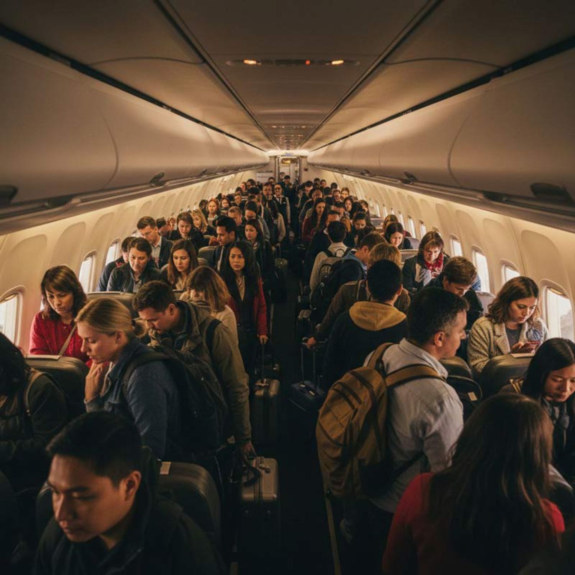 نمای طولی از کابین هواپیما که در آن مسافران با چمدان‌های خود در راهرو ایستاده‌اند