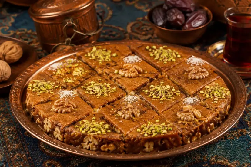 رنگینک خرما با پوشش پسته و گردو در ظرف مسی