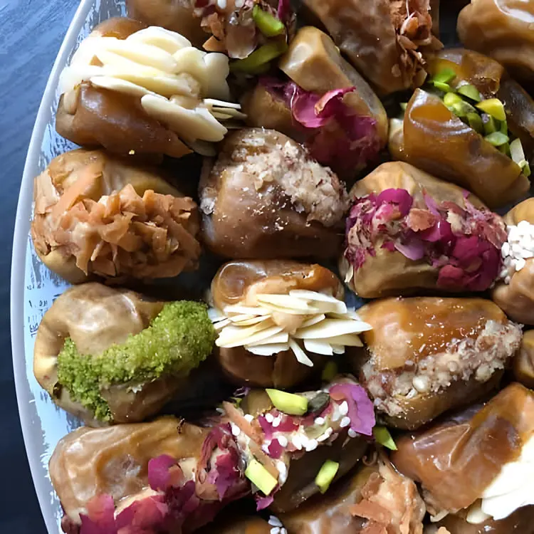 رنگینک خرما با پوشش پسته، بادام و گل‌های خشک خوراکی