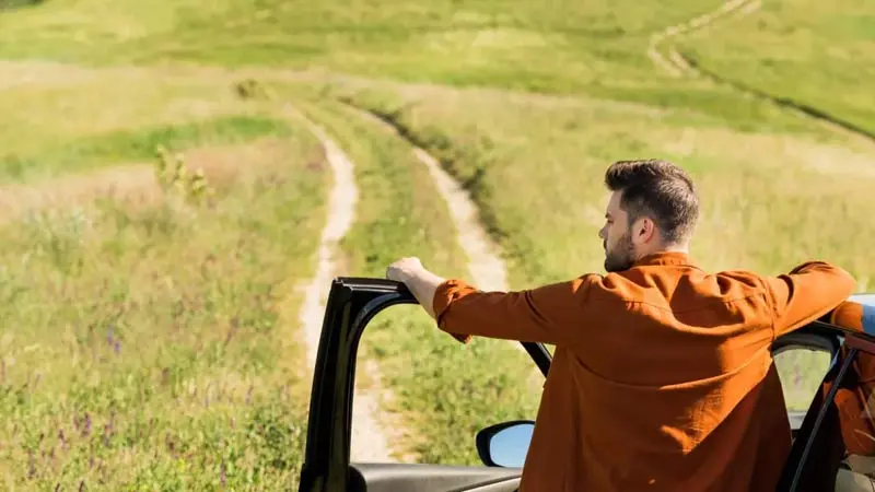 مردی در حال تماشای جاده‌ای خاکی در دشت سبز