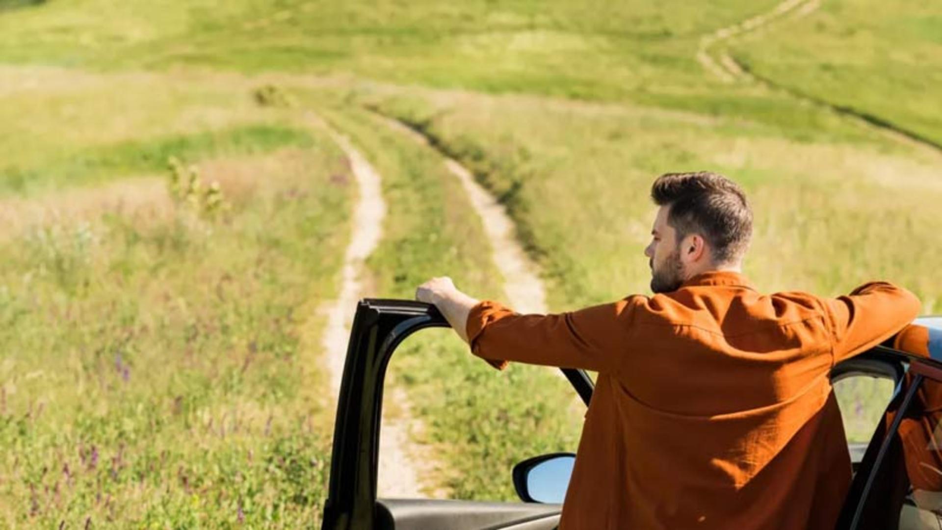 مردی در حال تماشای جاده‌ای خاکی در دشت سبز