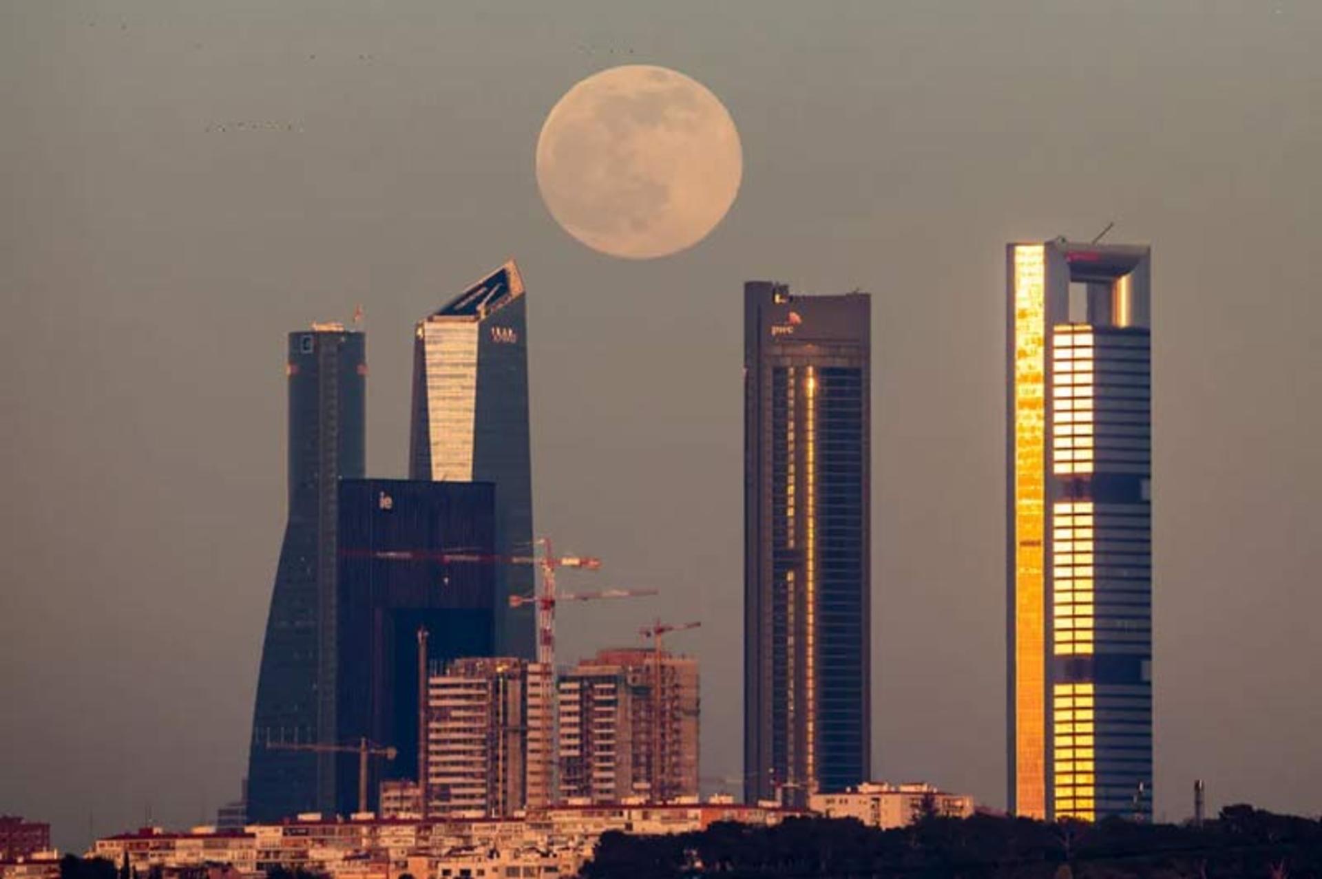 ماه بزرگ معلق در فضای بین چهار آسمان‌خراش مدرن شهری