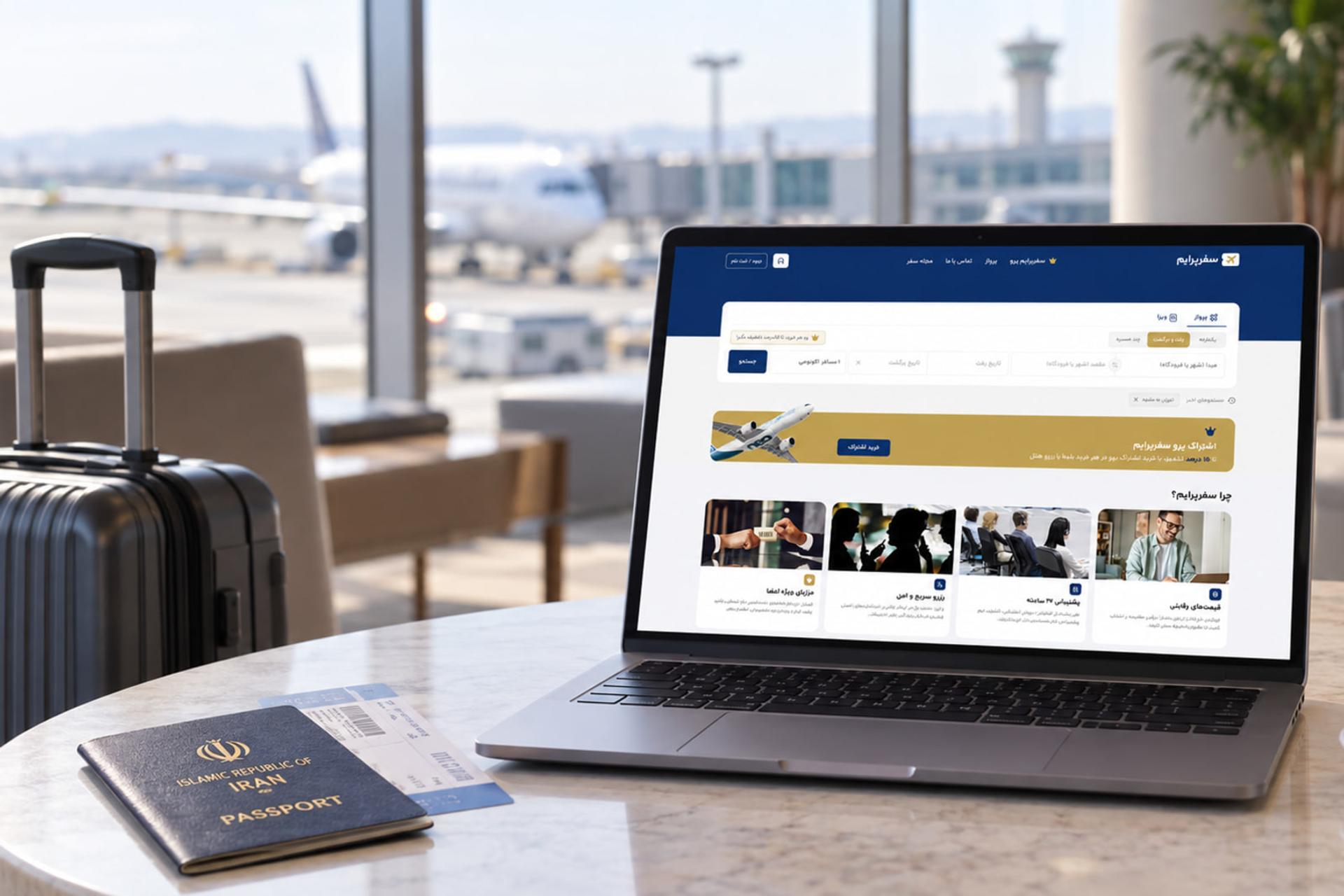 نمای وب‌سایت سفرپرایم (Safarpryme) روی لپ‌تاپ در محیط فرودگاه