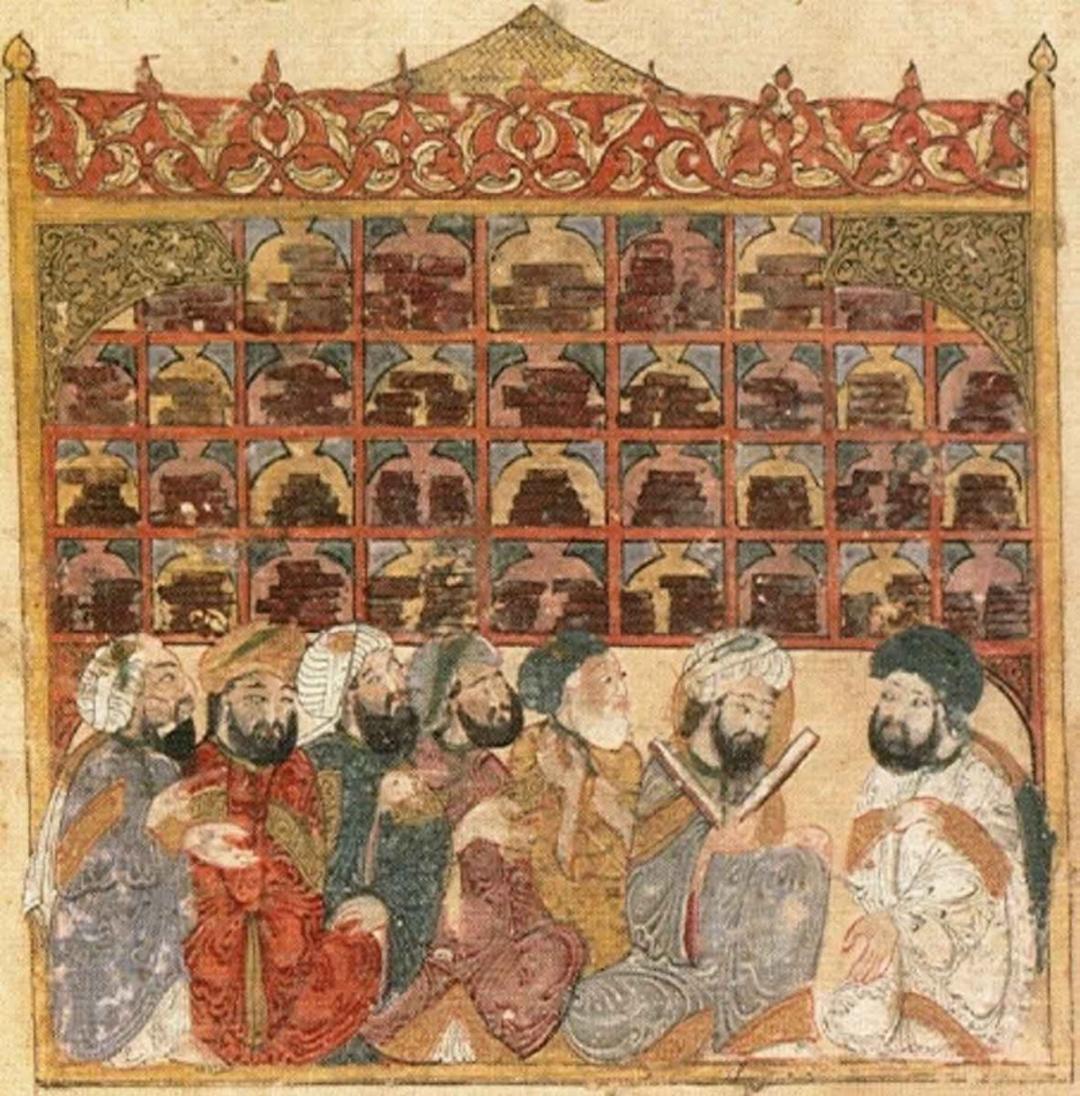 تصویری از دانشمندان در حال مطالعه در یک کتابخانه، اثر یحیی الواسطی، ۱۲۳۷ میلادی