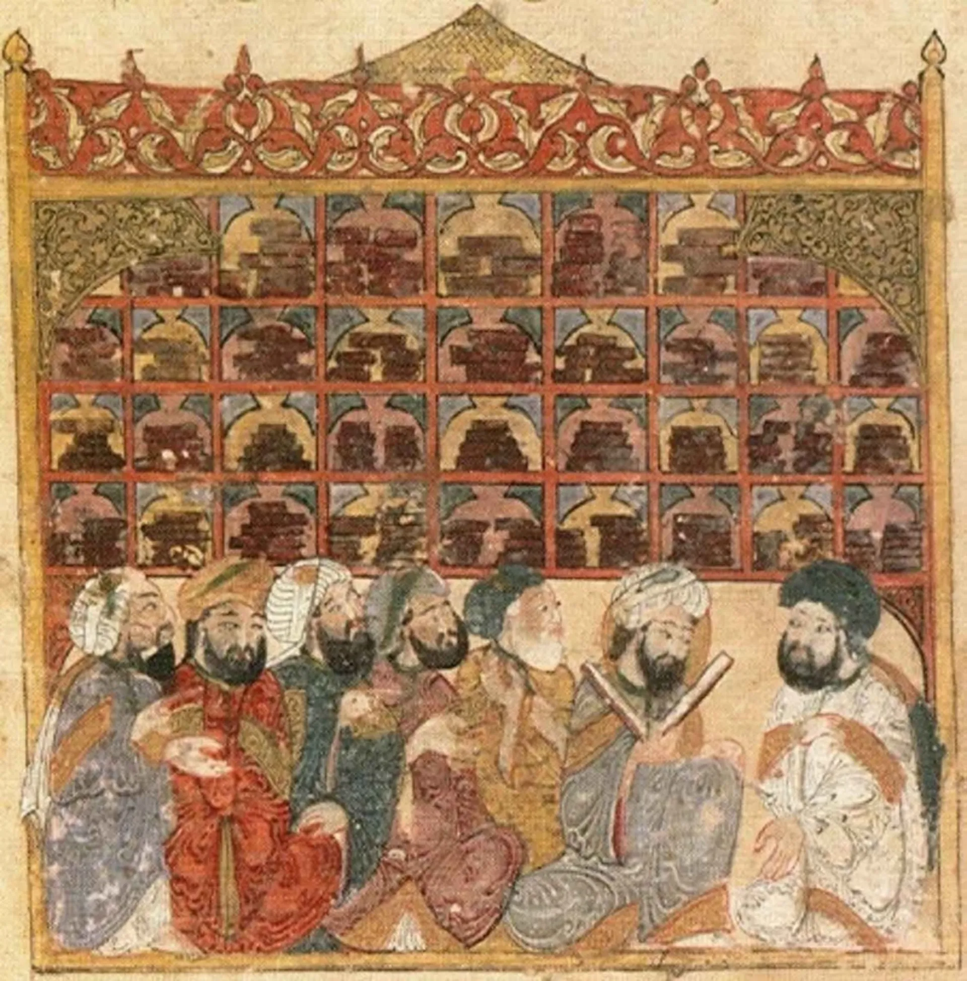 تصویری از دانشمندان در حال مطالعه در یک کتابخانه، اثر یحیی الواسطی، ۱۲۳۷ میلادی