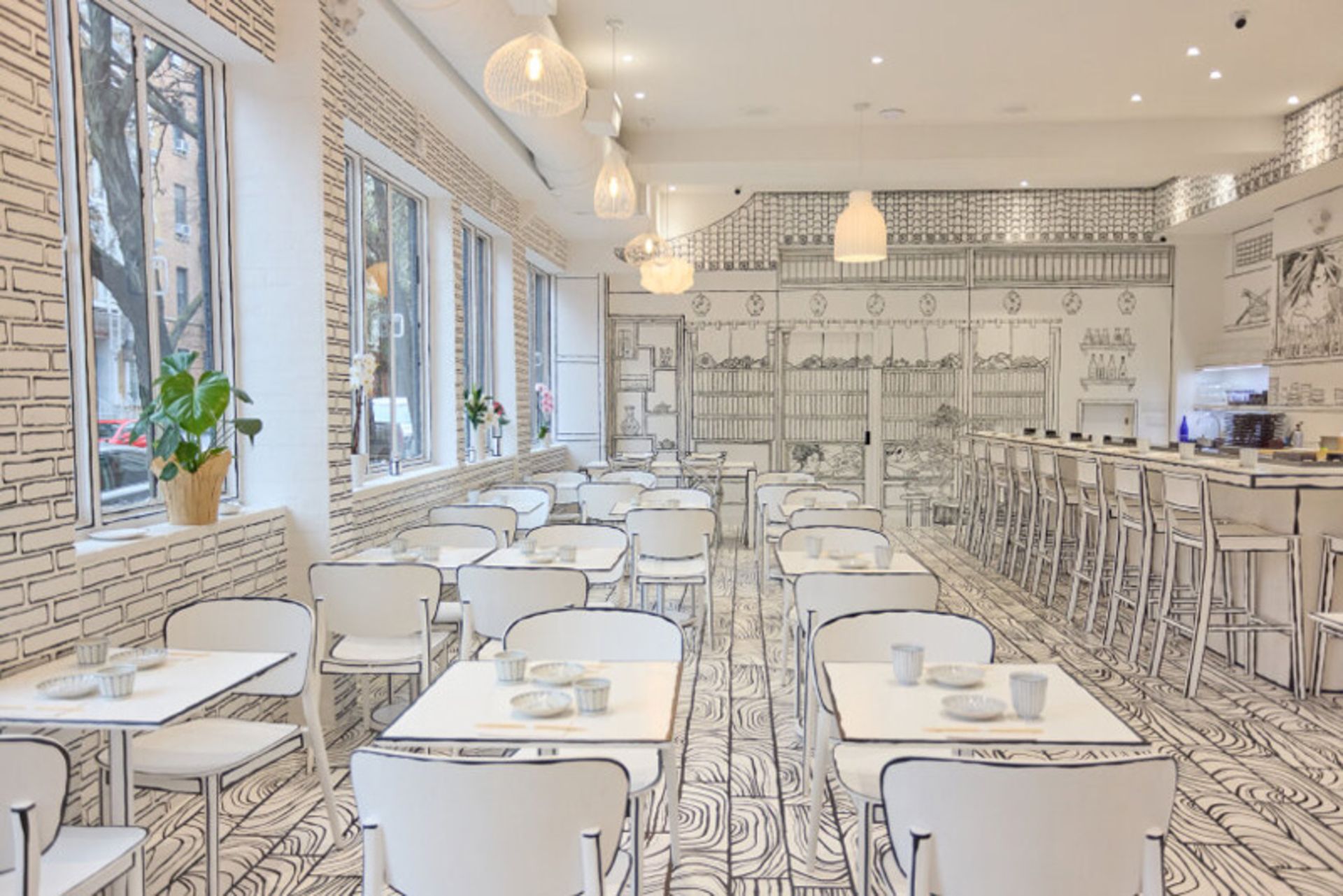 تصویر کلی از سالن غذاخوری با خطوط گرافیکی