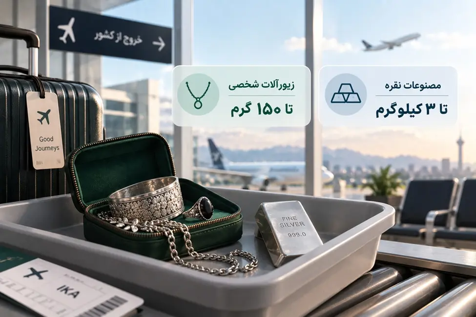 زیورآلات و شمش نقره روی سینی در محیط فرودگاه