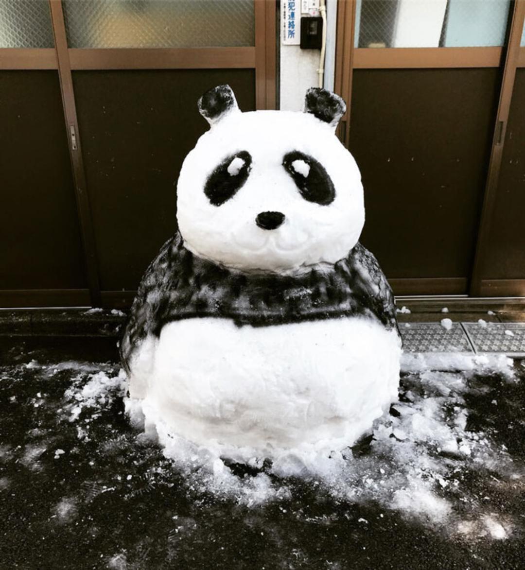 مجسمه پاندا (Panda) ساخته شده از برف روی زمین