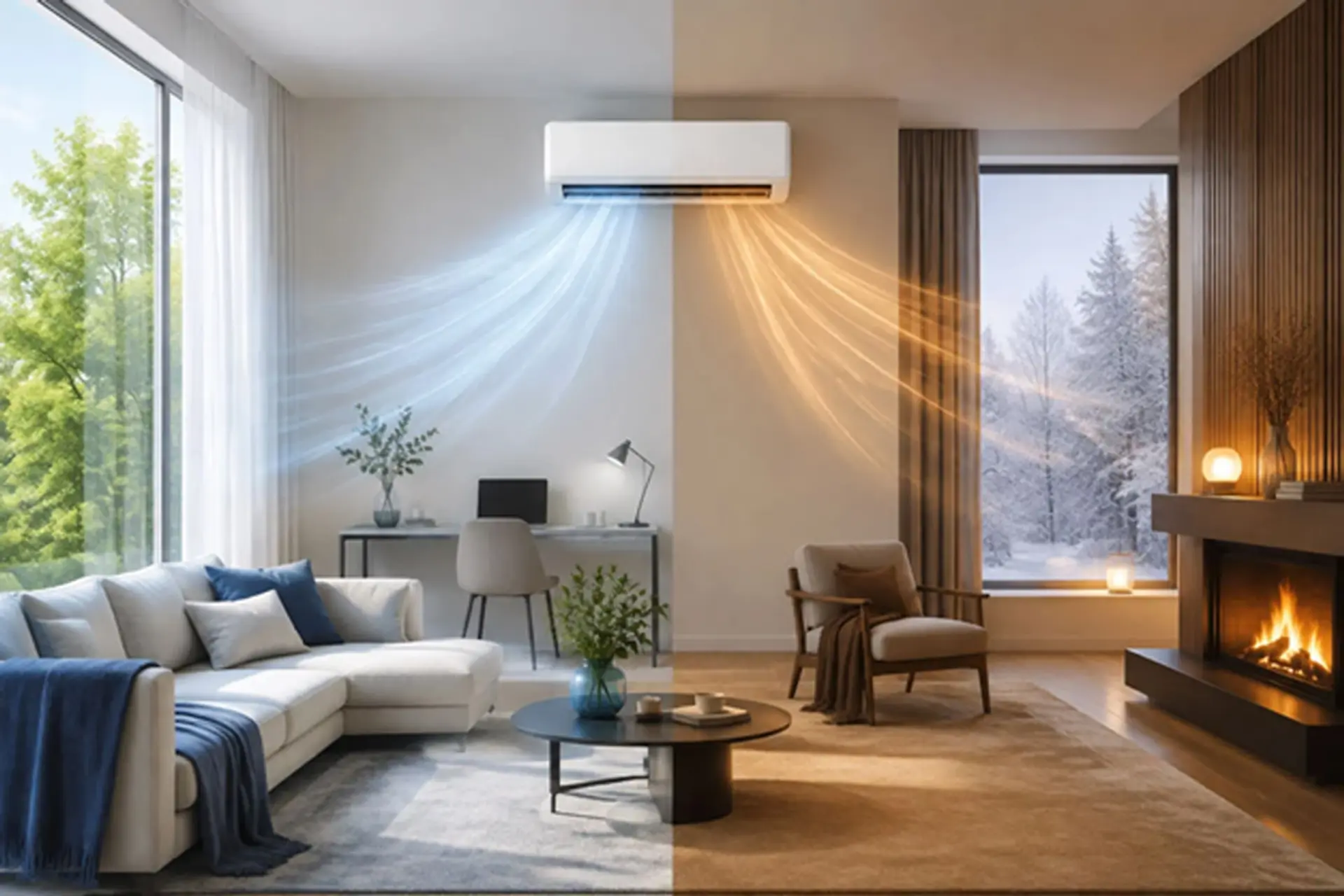کولر گازی (Air Conditioner) در حال پخش هوای خنک و گرم در فضای سالن