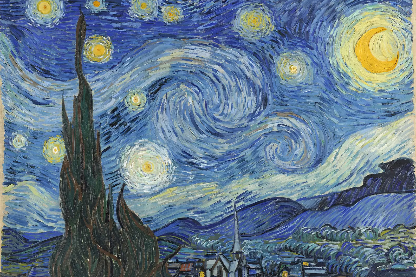 نقاشی شب پرستاره (The Starry Night) اثر وینسنت ون‌گوگ (Vincent van Gogh) با ستاره‌ها و ماه در آسمان شب