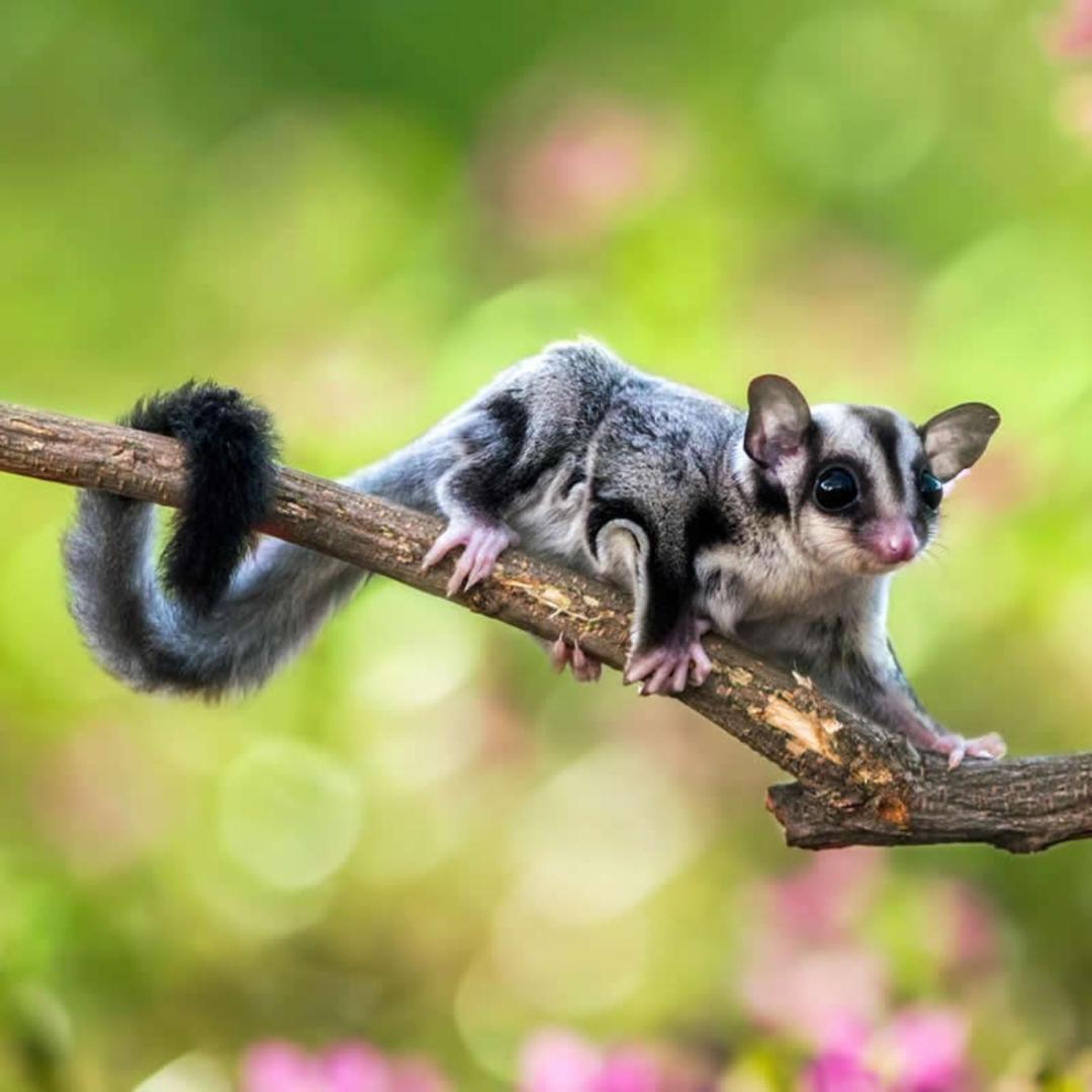 سنجاب پرنده (Sugar Glider) با بدن خاکستری و سیاه روی یک شاخه درخت قرار دارد