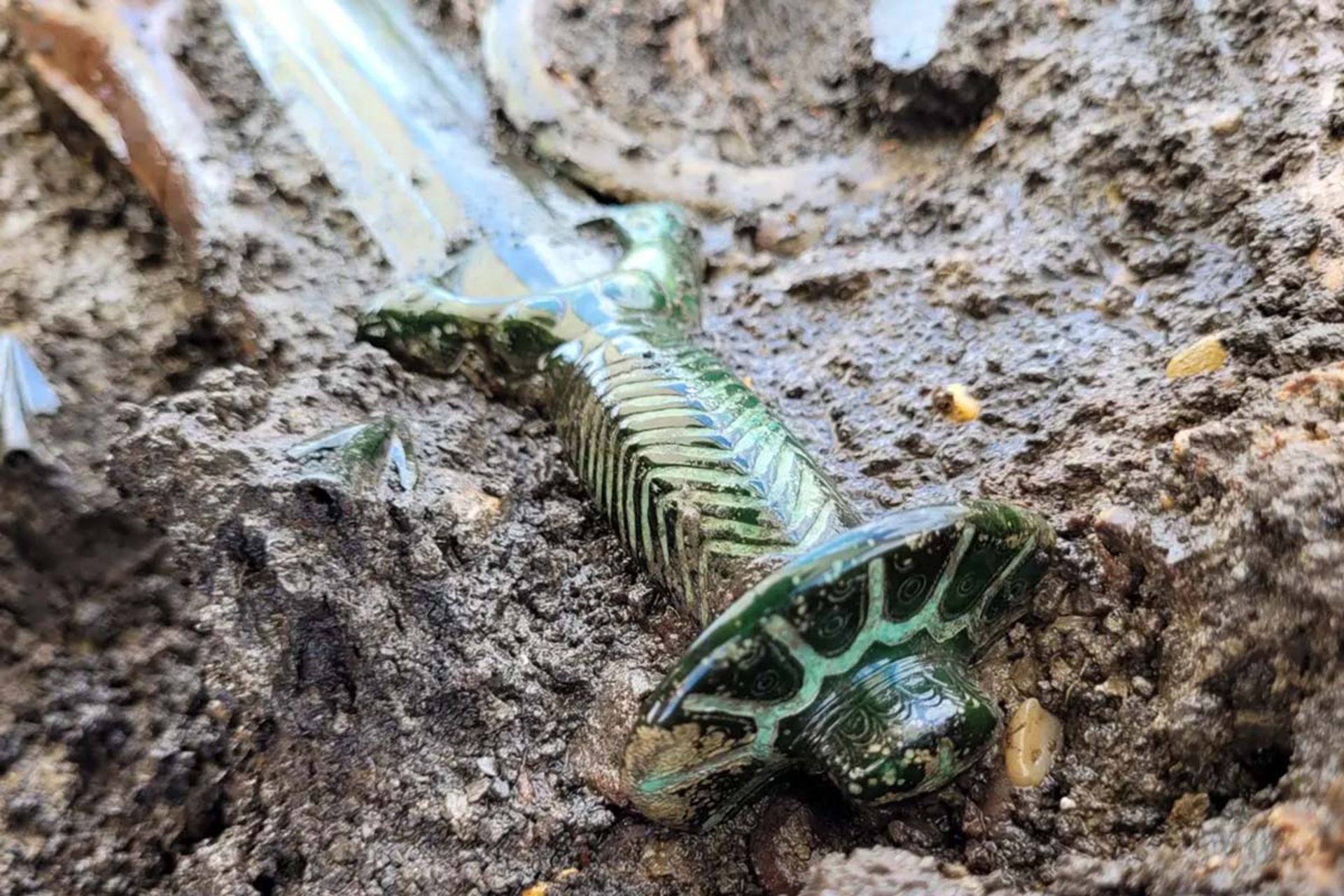 نمای نزدیک از یک شمشیر مفرغی (برنزی) سه‌هزار ساله با دسته هشت‌ضلعی تزیین‌شده