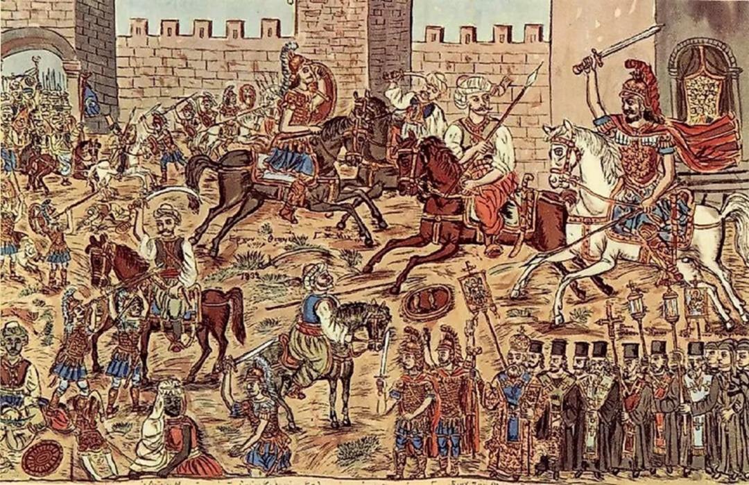 نقاشی اثر نقاش مردمی یونانی، Theophilos Hatzimihail که نبرد داخل شهر قسطنطنیه را نشان می‌دهد؛ کنستانتین بر روی اسب سفید دیده می‌شود.