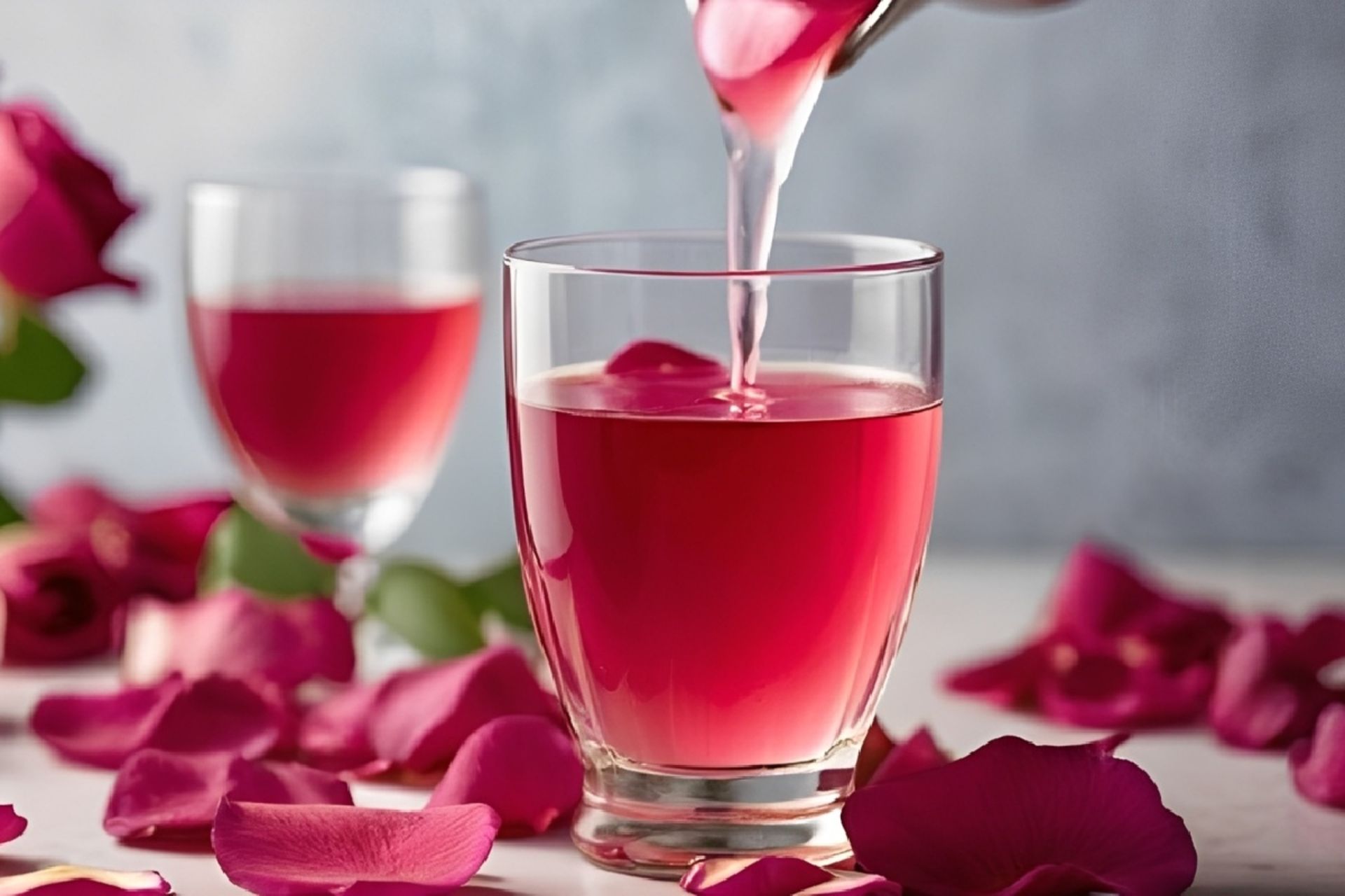 شربت گل محمدی در کنار گل برگ ها