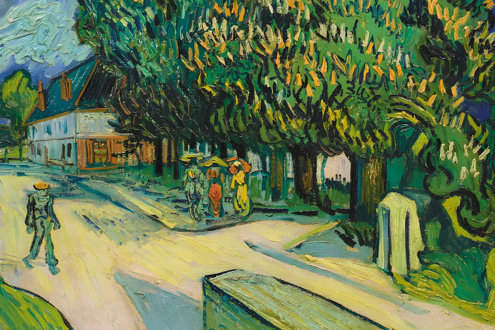 نقاشی رنگ روغن ون‌گوگ (Vincent van Gogh) از مردی در خیابان و درختان پرپشت