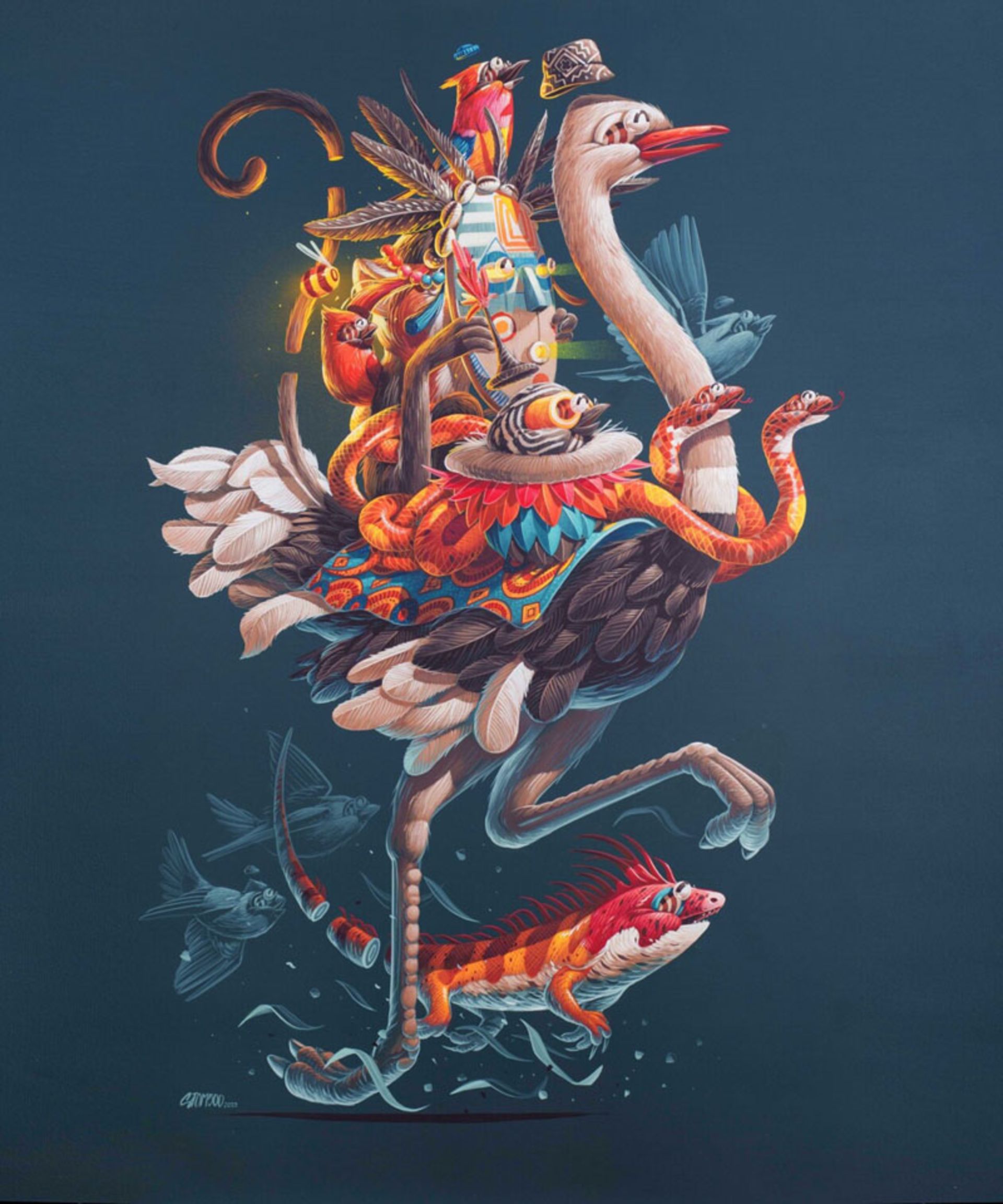 نقاشی دیواری سوررئال شترمرغ در حال دویدن