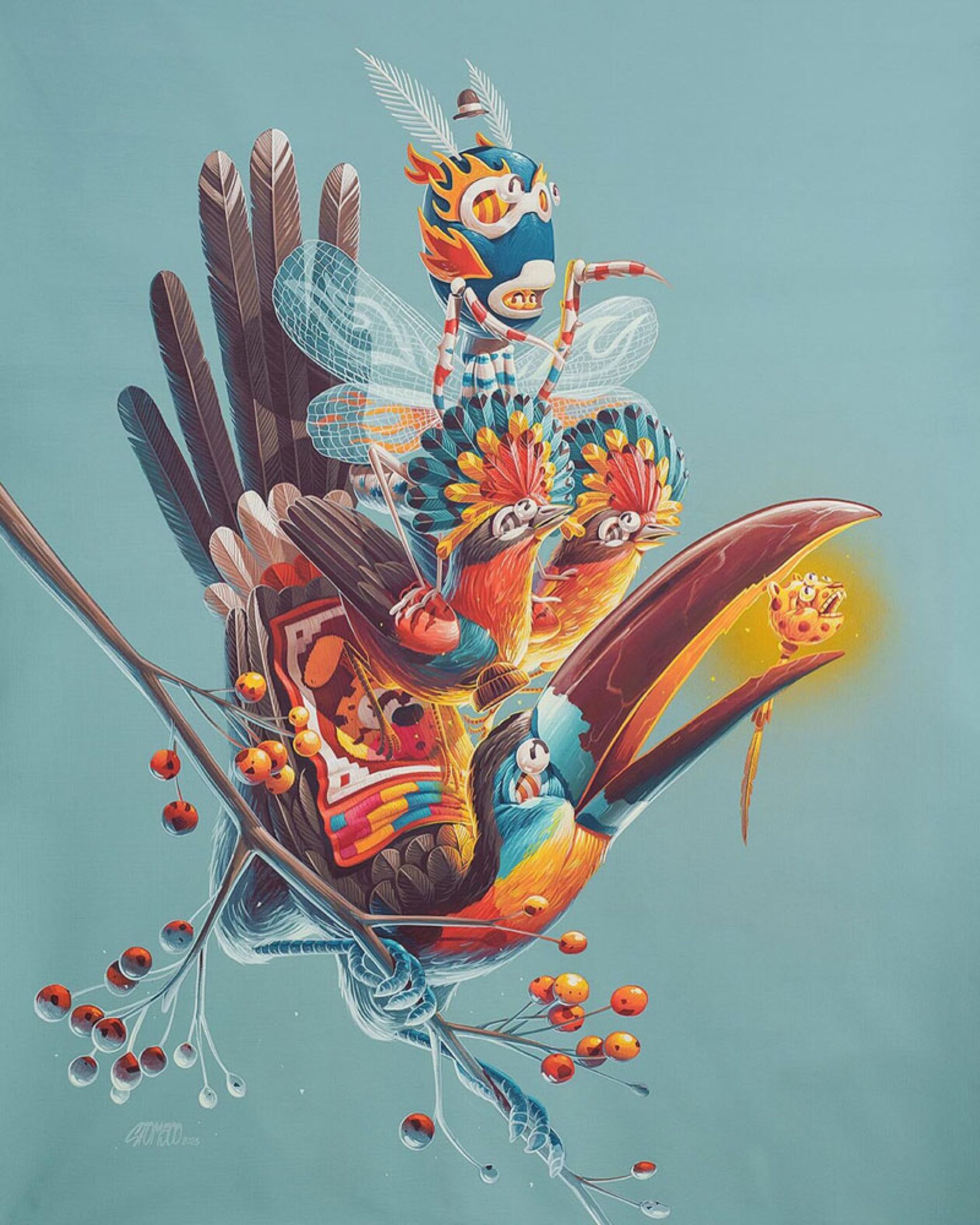 نقاشی دیواری سوررئال چند طوطی بزرگ و کوچک